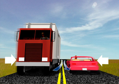 A large fast moving truck moving past a small fast sports car