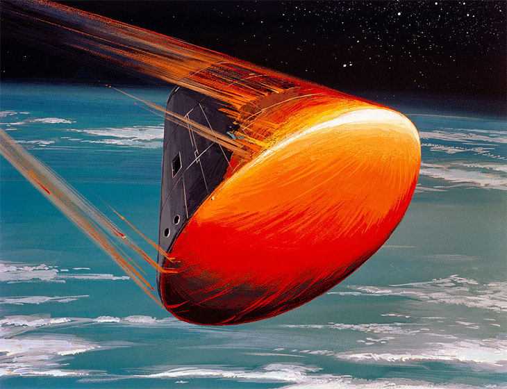 Illustration of the Apollo command module re-entering earth’s atmosphere with red streaks bursting from the bottom