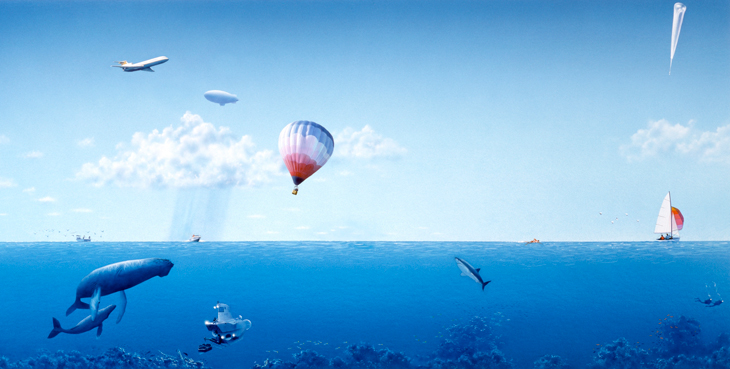 An illustration of whales and sharks in the ocean and planes and balloons flying in he sky.