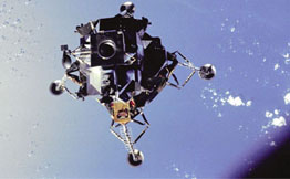Photograph of the Apollo 9 lunar module Spider in lunar landing configuration was photographed form the command/service module on the fifth day of the Apollo 9 Earth-orbital mission