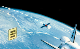 Spaceship flying above earth past a satellite 