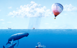 An illustration of whales and sharks in the ocean and planes and balloons flying in he sky.