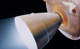 Illustration of Command Service Module (CSM) shooting through space.