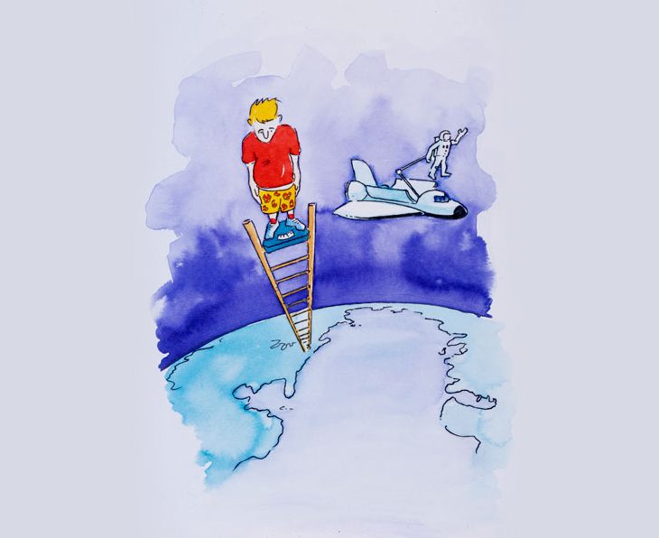 Water color illustration of a person weighing themselves high above the earth.
