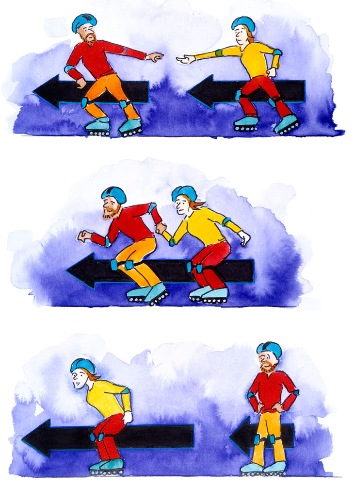 Water color illustration of two people roller blading.  One reaches back and slingshots the other in front.  