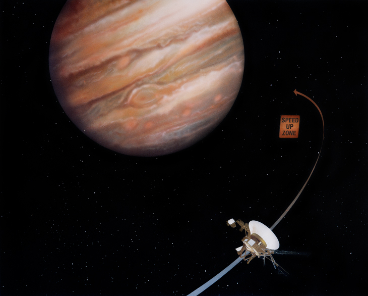 Satellite traveling past Jupiter 
