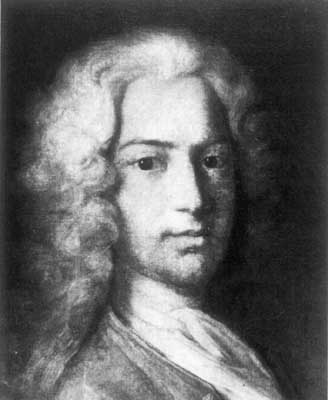 Black and white portrait of Daniel Bernoulli in a powdered wig. 