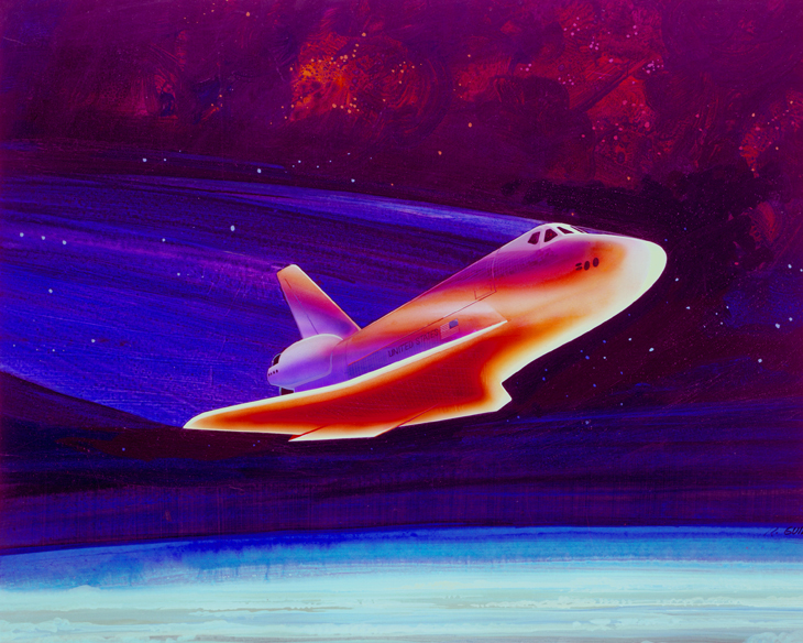 Painting of the space shuttle re-entering earth’s atmosphere with a hot red coloring on the bottom.