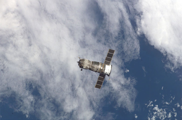 A photo of Russia's Progress Spacecraft above the earth. 