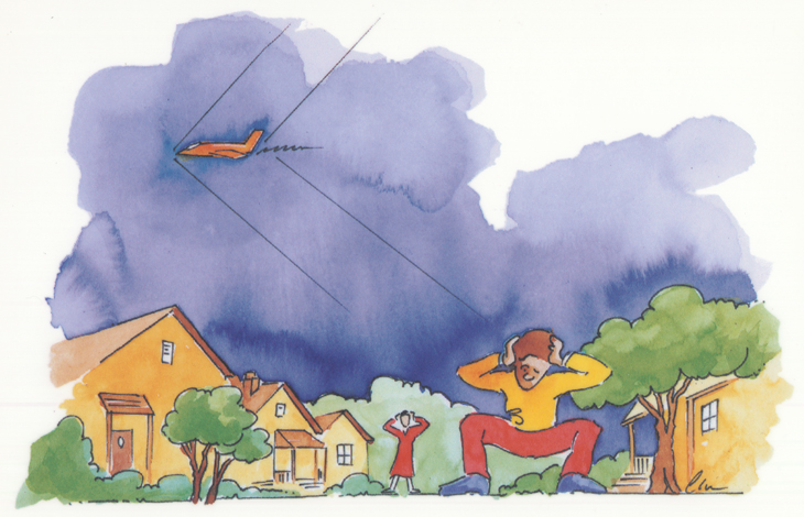 Water color illustration of people covering their ears as a plane loudly passes over head.