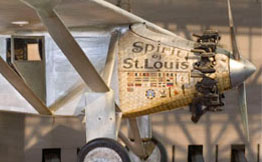 The Spirit of St. Louis hanging from the ceiling at the Smithsonian National Air and Space Museum.