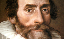 Oil painting of Johannes Kepler with a white ruff around his neck and holding a golden caliper