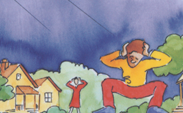 Water color illustration of people covering their ears as a plane loudly passes over head.